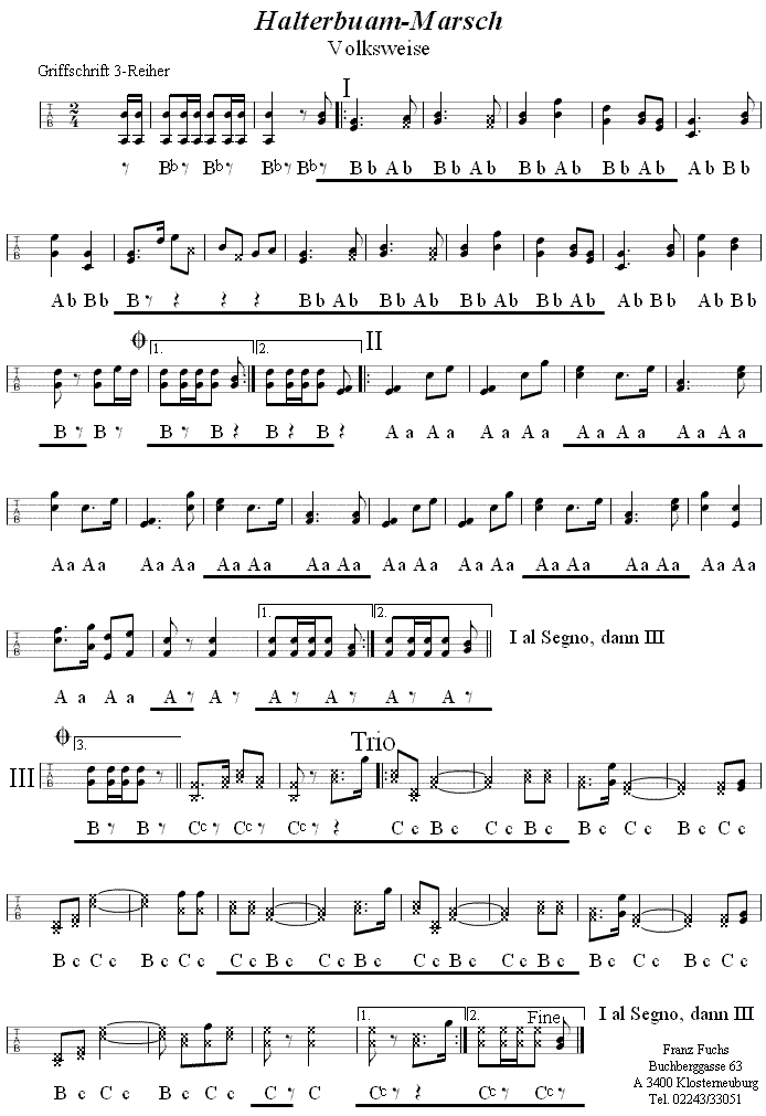 Holterbuammarsch in Griffschrift für Steirische Harmoniika. 
Bitte klicken, um die Melodie zu hören.