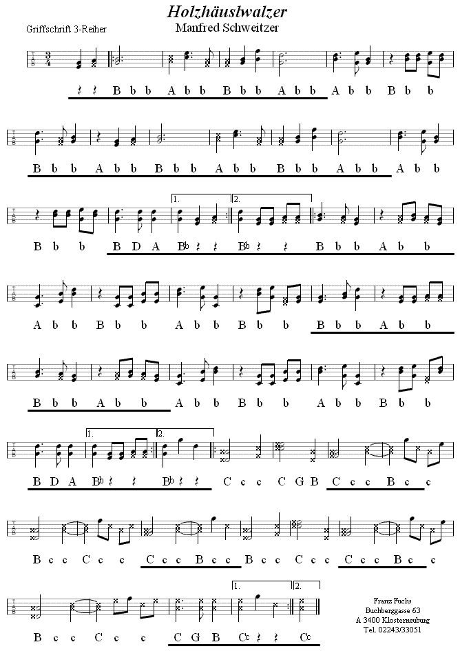 Holzhäuslwalzer in Griffschrift für Steirische Harmoniika. 
Bitte klicken, um die Melodie zu hören.