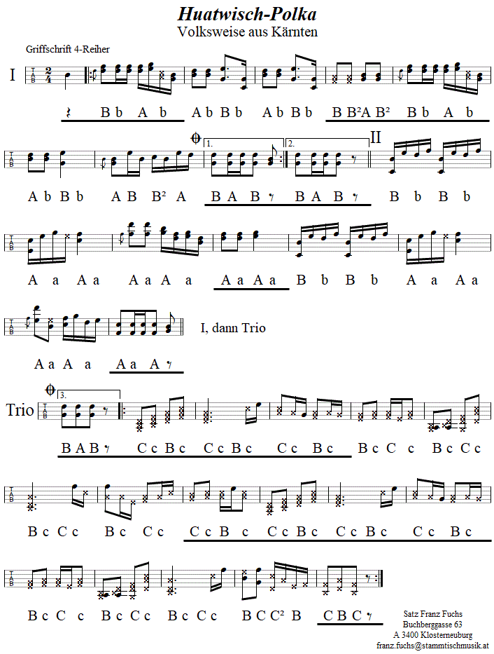 Huatwisch-Polka (Polka aus Kärnten), in Griffschrift für Steirische Harmonika.| 
Bitte klicken, um die Melodie zu hören.