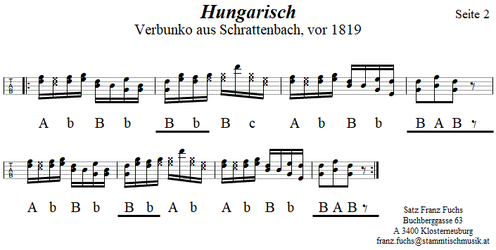 Hungarisch in Griffschrift für Steirische Harmonika, Seite 2. 
Bitte klicken, um die Melodie zu hören.