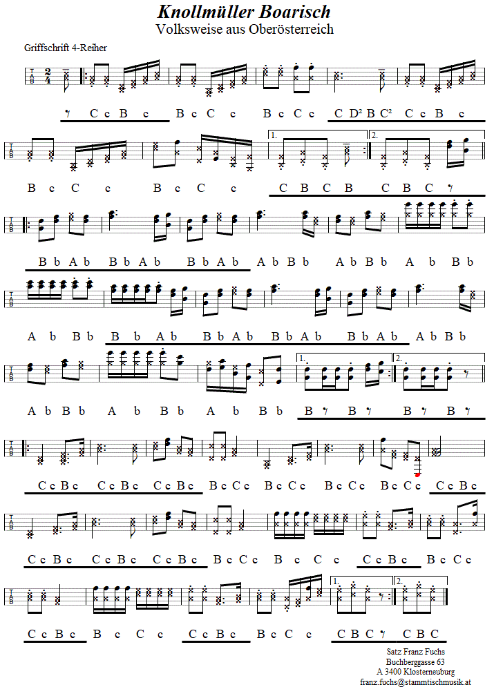 Knollmüller Boarisch in Griffschrift für Steirische Harmonika. 
Bitte klicken, um die Melodie zu hören.