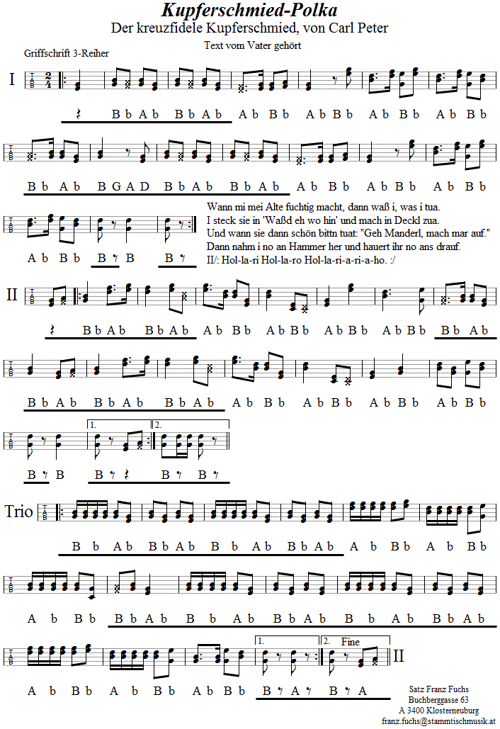 Kupferschmiedpolka in Griffschrift für steirische Harmonika. 
Bitte klicken, um die Melodie zu hören.