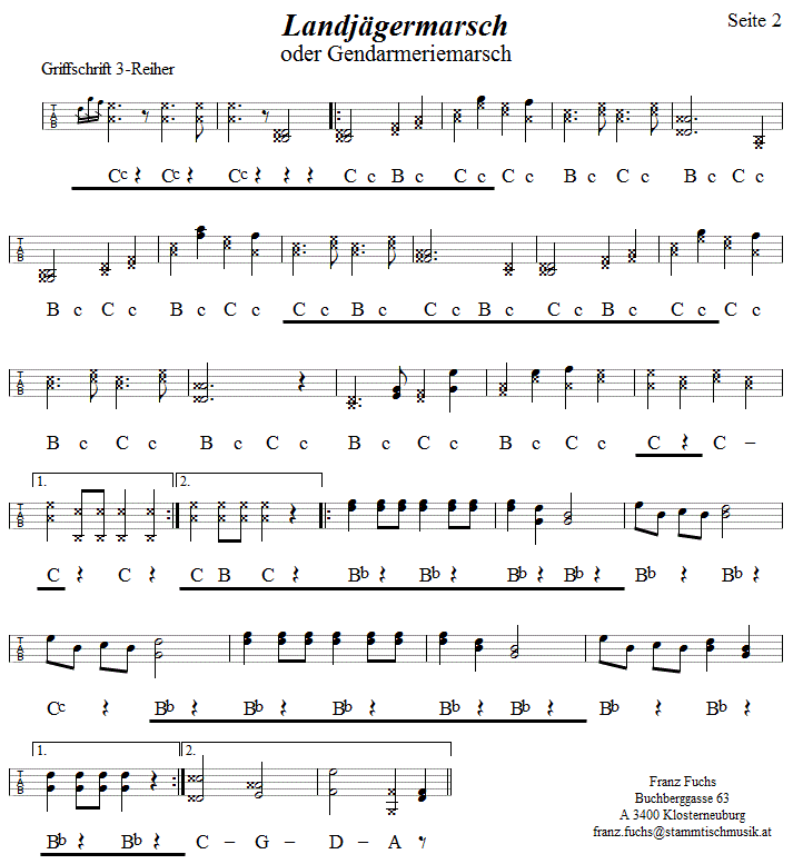 Landjägermarsch  - Seite 2 - in Griffschrift für Steirische Harmonika.