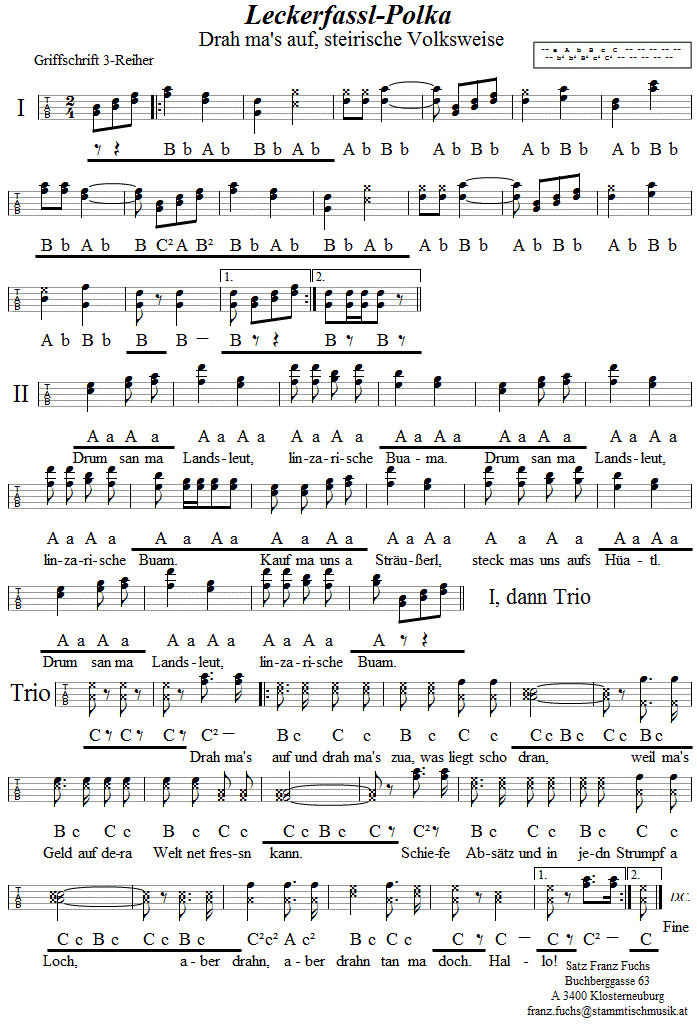Leckerfasslpolka in Griffschrift für Steirische Harmonika. 
Bitte klicken, um die Melodie zu hören.