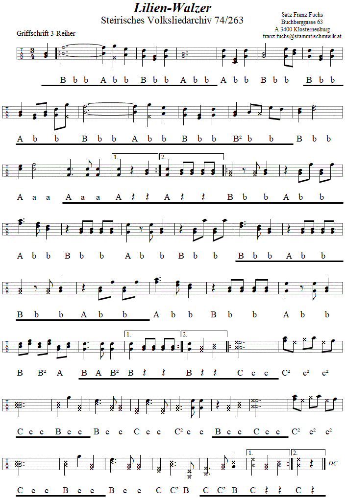 Lilienwalzer in Griffschrift fr Steirische Harmonika. 
Bitte klicken, um die Melodie zu hren.