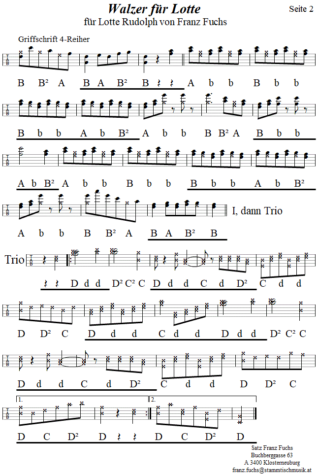 Walzer für Lotte, Seite 2 von Franz Fuchs, in Griffschrift für Steirische Harmonika. 
Bitte klicken, um die Melodie zu hören.