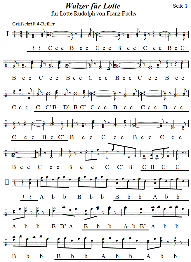 Walzer für Lotte von Franz Fuchs, Seite 1, in Griffschrift für Steirische Harmonika. 
Bitte klicken, um die Melodie zu hören.