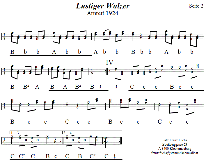 Lustiger Walzer aus Arnreit in Griffschrift für Steirische Harmonika, Seite 2. 
Bitte klicken, um die Melodie zu hören.