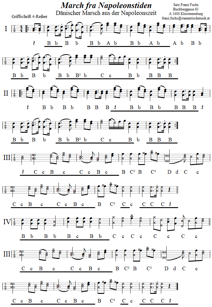 March fra Napoleonstiden - in Griffschrift für Steirische Harmonika. 
Bitte klicken, um die Melodie zu hören.