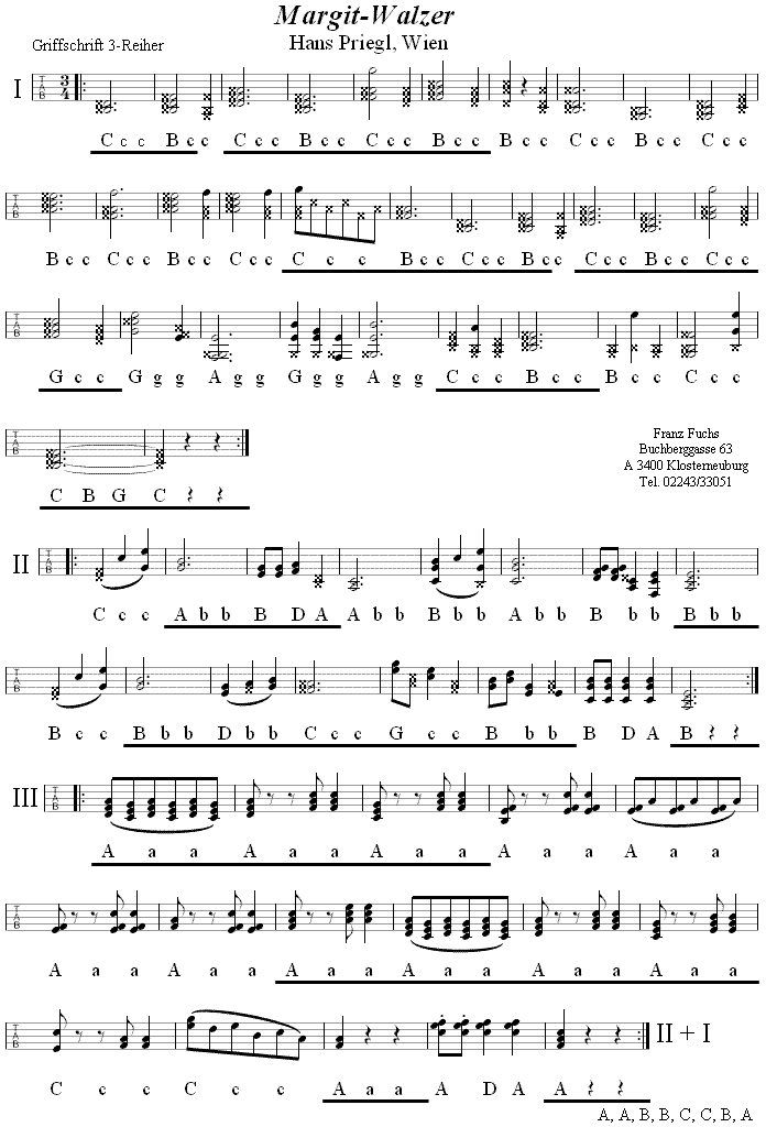 Margitwalzer von Hans Priegl in Griffschrift für Steirische Harmonika. 
Bitte klicken, um die Melodie zu hören.