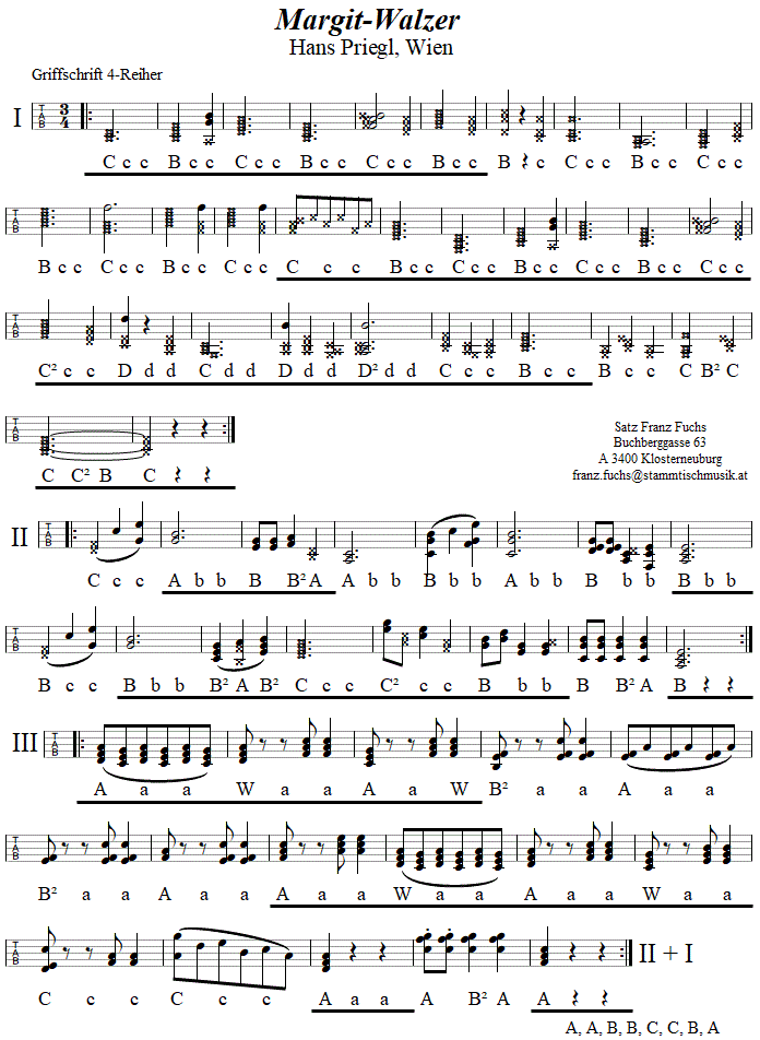 Margitwalzer von Hans Priegl in Griffschrift für vierreihige Steirische Harmonika. 
Bitte klicken, um die Melodie zu hören.