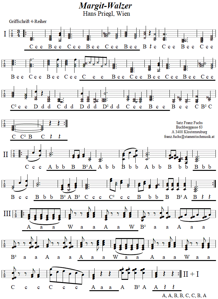 Margitwalzer von Hans Priegl in Griffschrift fr vierreihige Steirische Harmonika. 
Bitte klicken, um die Melodie zu hren.