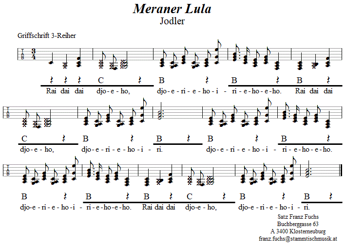 Meraner Lula in Griffschrift für Steirische Harmonika. 
Bitte klicken, um die Melodie zu hören.