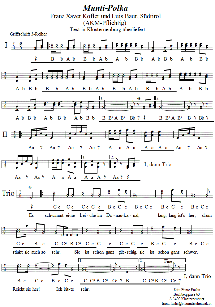 Muntipolka in Griffschrift für Steirische Dreireihige Harmonika. 
Bitte klicken, um die Melodie zu hören.