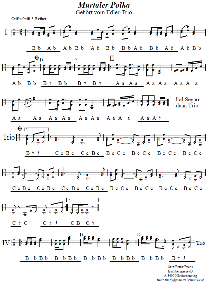 Murtaler Polka in Griffschrift für Steirische Harmonika. 
Bitte klicken, um die Melodie zu hören.