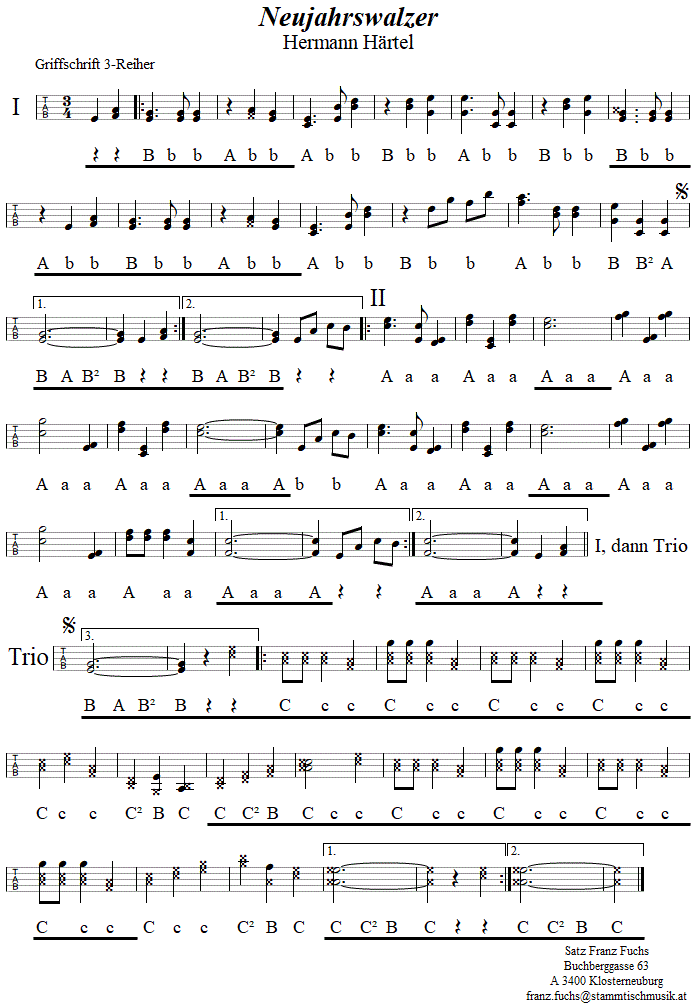 Neujahrswalzer von Hermann Hrtel in Griffschrift fr Steirische Harmonika. 
Bitte klicken, um die Melodie zu hren.