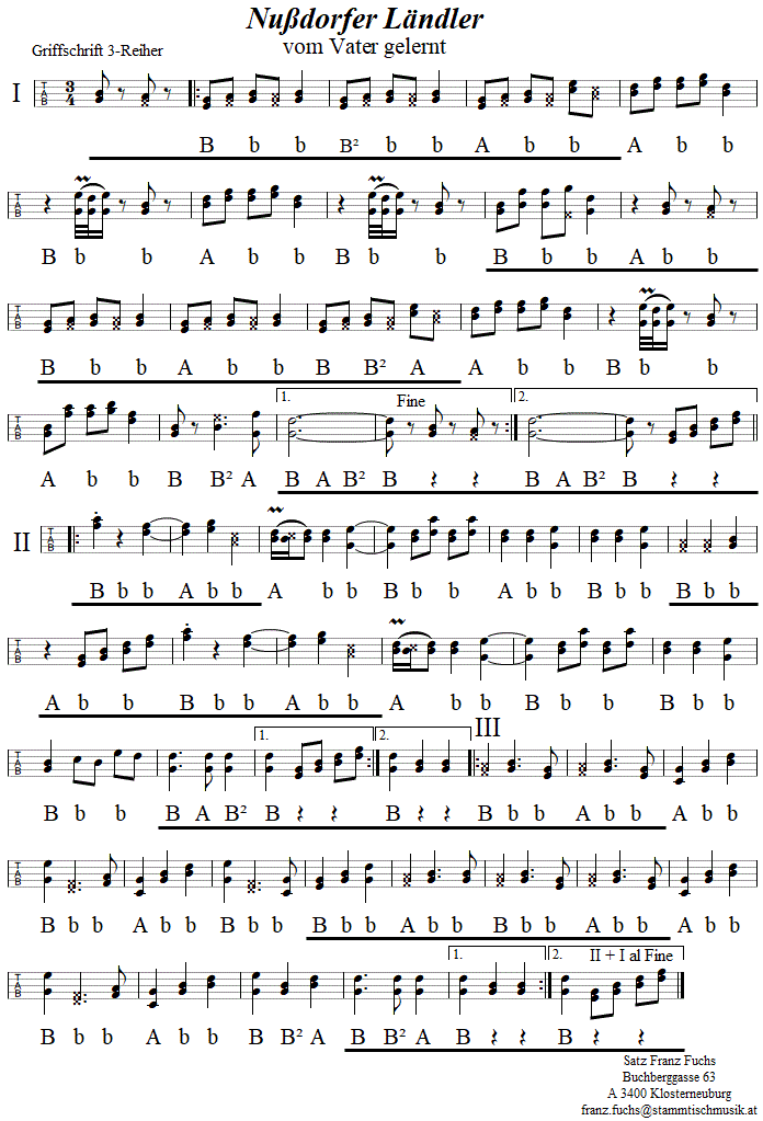 Nußdorfer Ländler in Griffschrift für steirische Harmonika. 
Bitte klicken, um die Melodie zu hören.