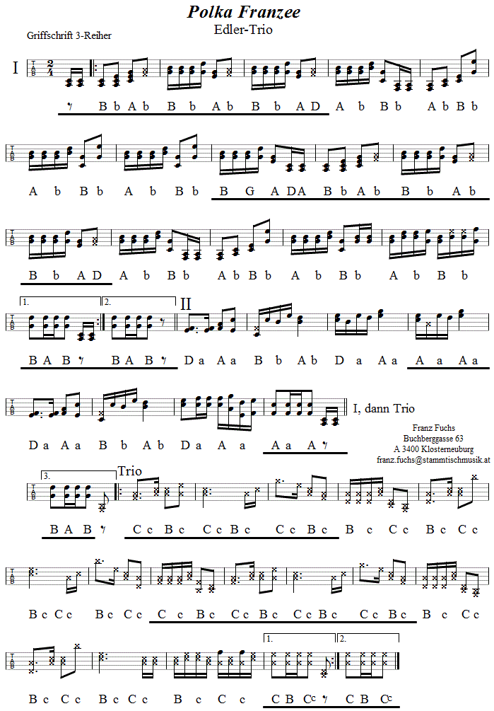 Polka franzee vom Edler-Trio - Griffschrift für Steirische Harmonika. 
Bitte klicken, um die Melodie zu hören.