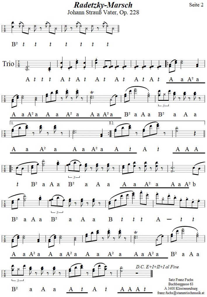 Radetzkymarsch von Johann Strauß Vater, Seite 2 in Griffschrift für Steirische Harmonika. 
Bitte klicken, um die Melodie zu hören.