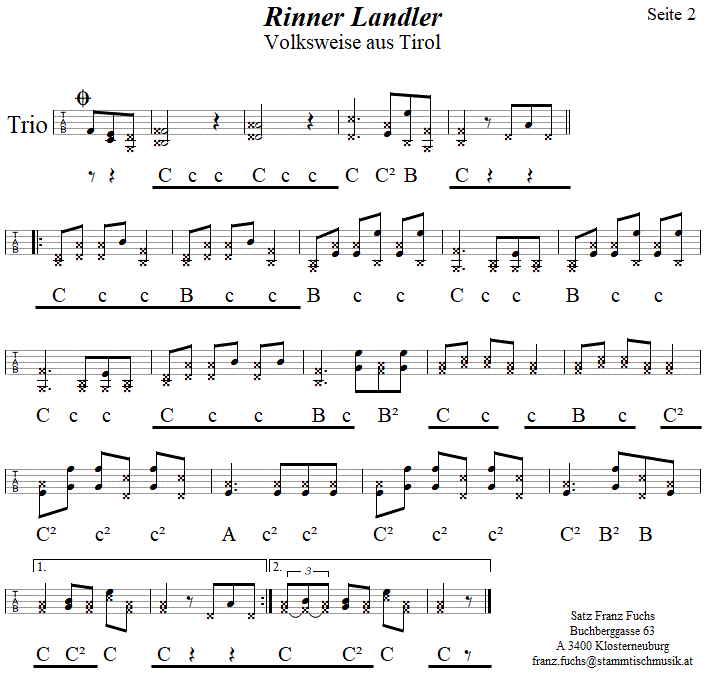 Rinner Landler in Griffschrift fr Steirische Harmonika, Seite 2. 
Bitte klicken, um die Melodie zu hren.