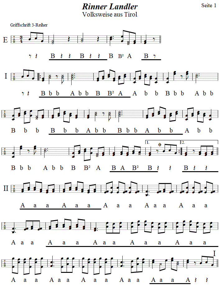 Rinner Landler in Griffschrift fr Steirische Harmonika, Seite 1. 
Bitte klicken, um die Melodie zu hren.