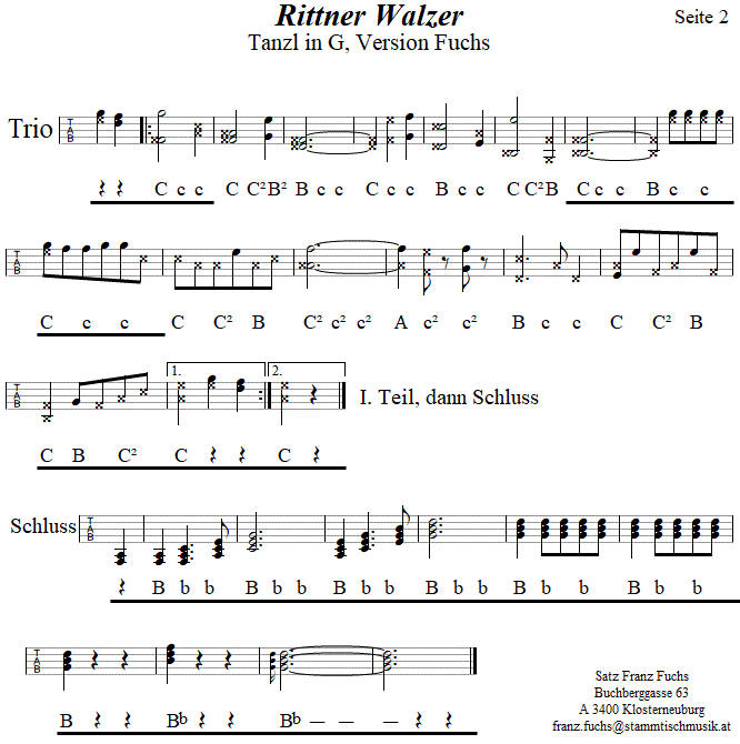 Rittner Walzer 1, Seite 2, in Griffschrift für Steirische Harmonika. 
Bitte klicken, um die Melodie zu hören.