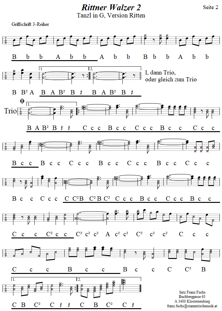 Rittner Walzer 2, Seite 2, in Griffschrift für Steirische Harmonika. 
Bitte klicken, um die Melodie zu hören.