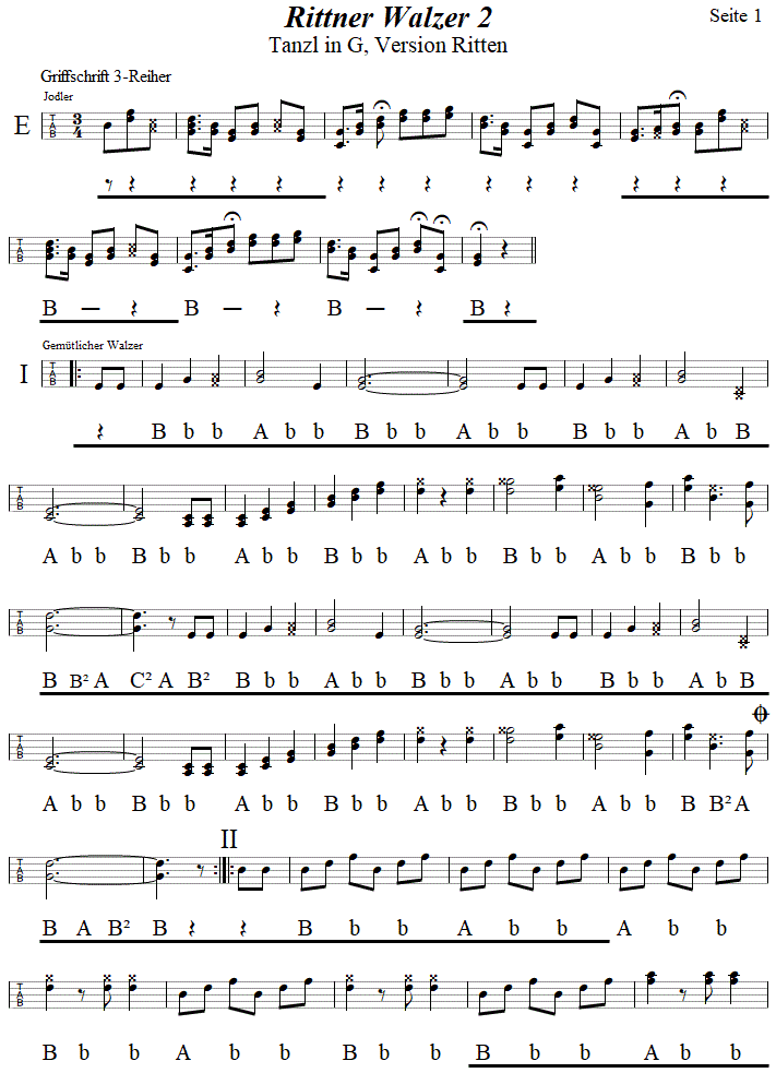 Rittner Walzer 2, Seite 1, in Griffschrift für Steirische Harmonika. 
Bitte klicken, um die Melodie zu hören.