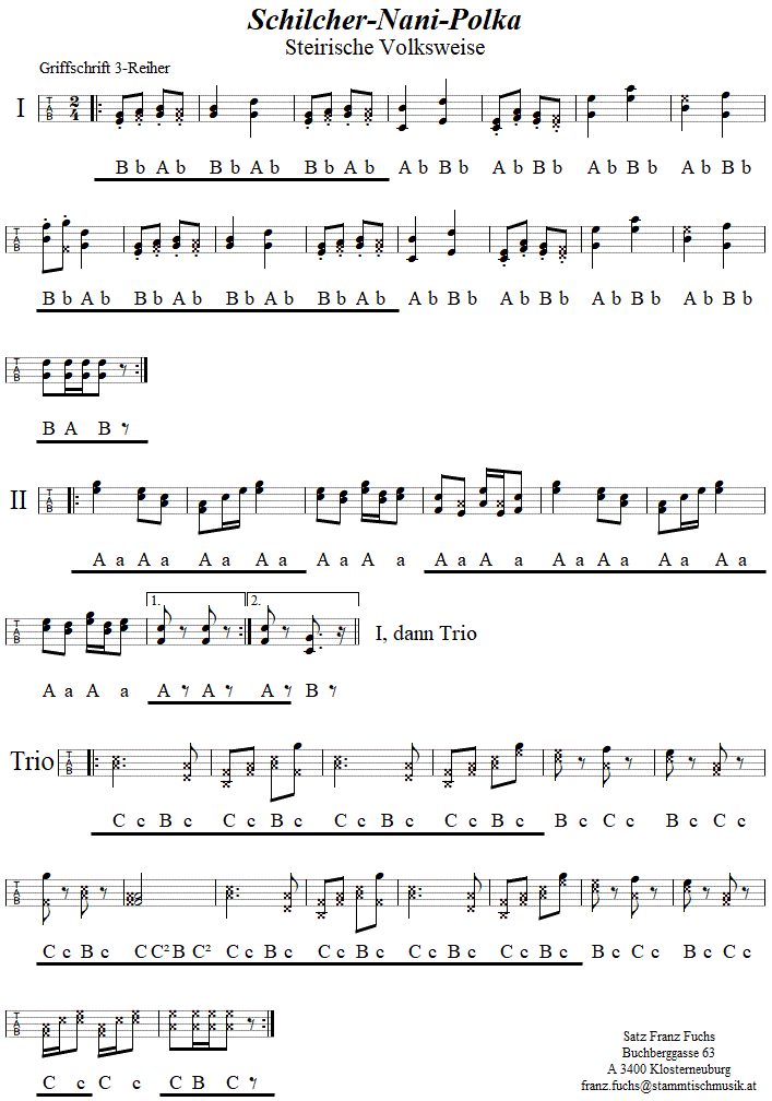 Schilcher-Nani Polka in Griffschrift fr Steirische Harmonika. 
Bitte klicken, um die Melodie zu hren.