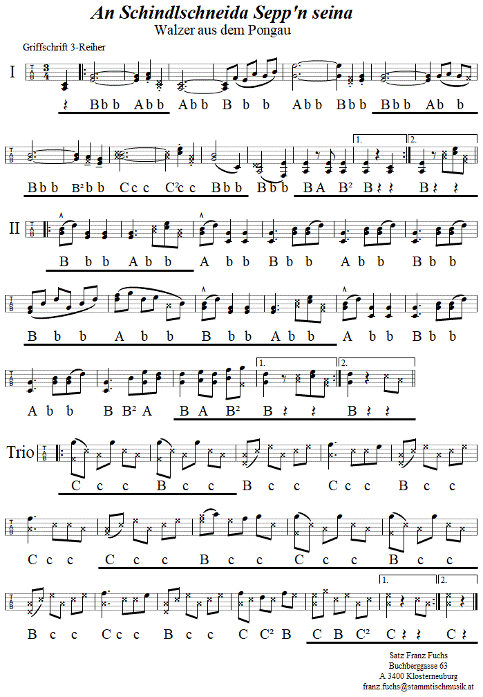 "An Schindlschneider Seppn seiner" in Griffschrift fr Steirische Harmonika. 
Bitte klicken, um die Melodie zu hren.