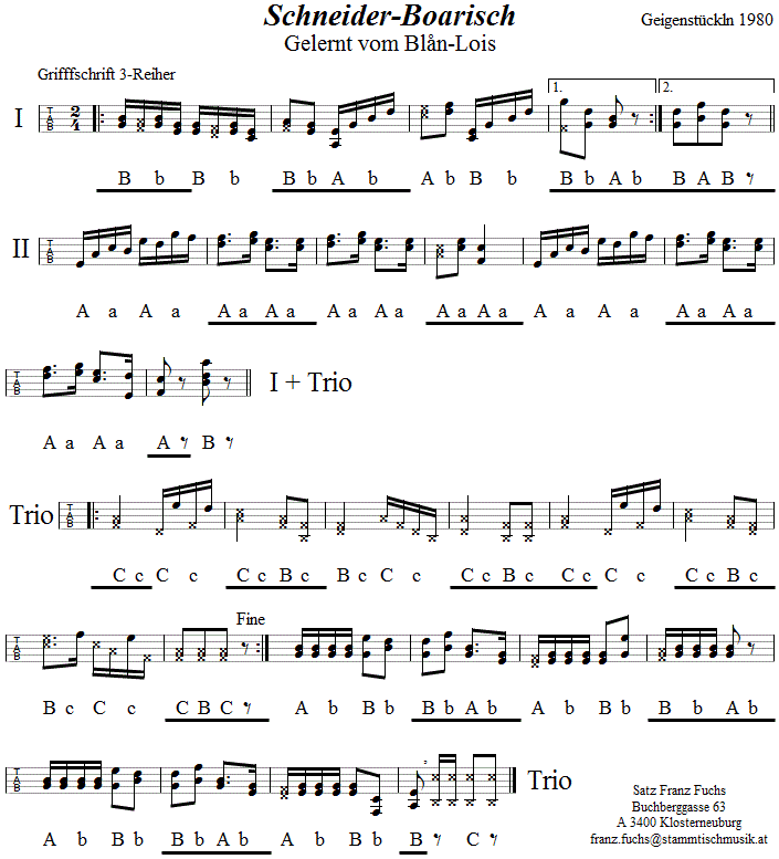Schneider-Boarisch, in Griffschrift für Steirische Harmonika. 
Bitte klicken, um die Melodie zu hören.