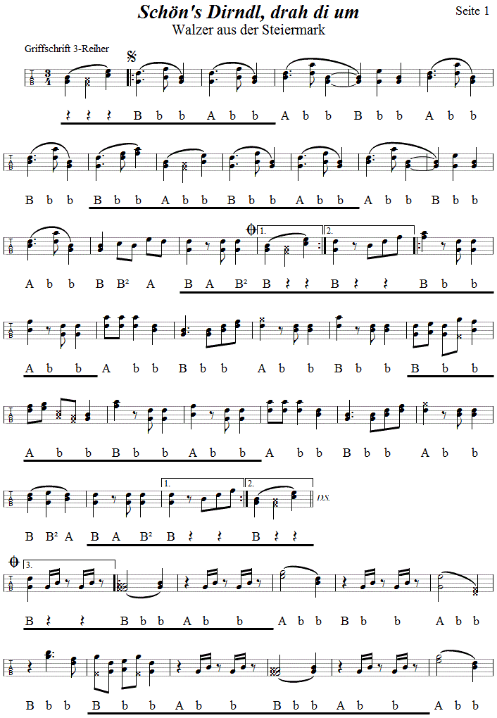 Schns Dirndl, drah di um, Walzer in Griffschrift fr Steirische Harmonika, Seite 1. 
Bitte klicken, um die Melodie zu hren.