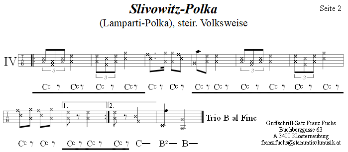 Slivowitz-Polka, Seite 2 in Griffschrift fr Steirische Harmonika. 
Bitte klicken, um die Melodie zu hren.