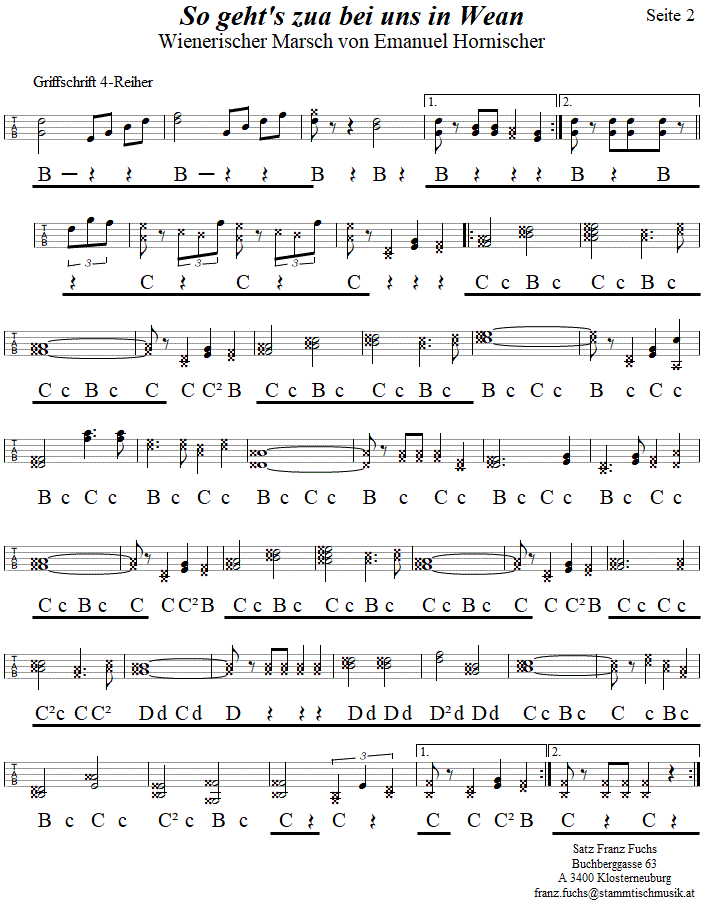 So geht's zua bei uns in Wean, Marsch von Emanuel Hormischer, Seite 2, in Griffschrift für Steirische Harmonika. 
Bitte klicken, um die Melodie zu hören.