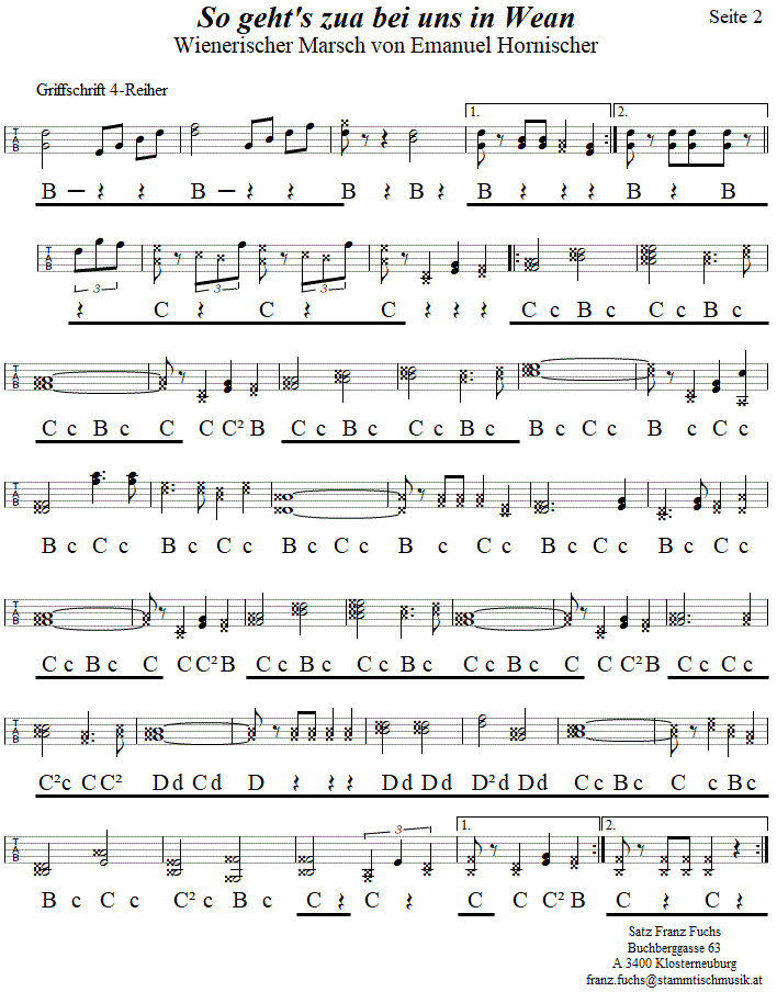 So geht's zua bei uns in Wean, Marsch von Emanuel Hormischer, Seite 2, in Griffschrift fr Steirische Harmonika. 
Bitte klicken, um die Melodie zu hren.