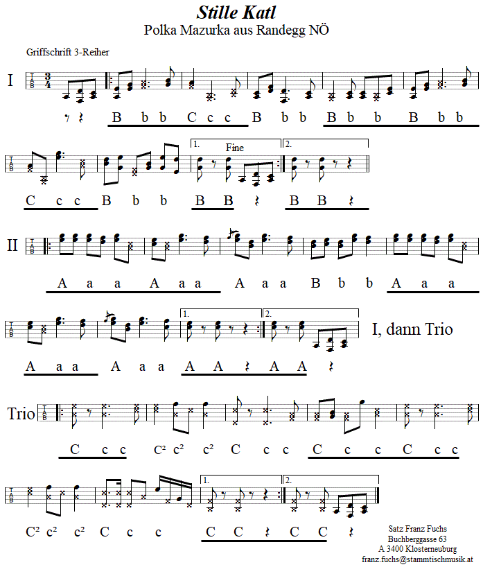 Stille Katl, Polka Mazurka in Griffschrift fr Steirische Harmonika. 
Bitte klicken, um die Melodie zu hren.