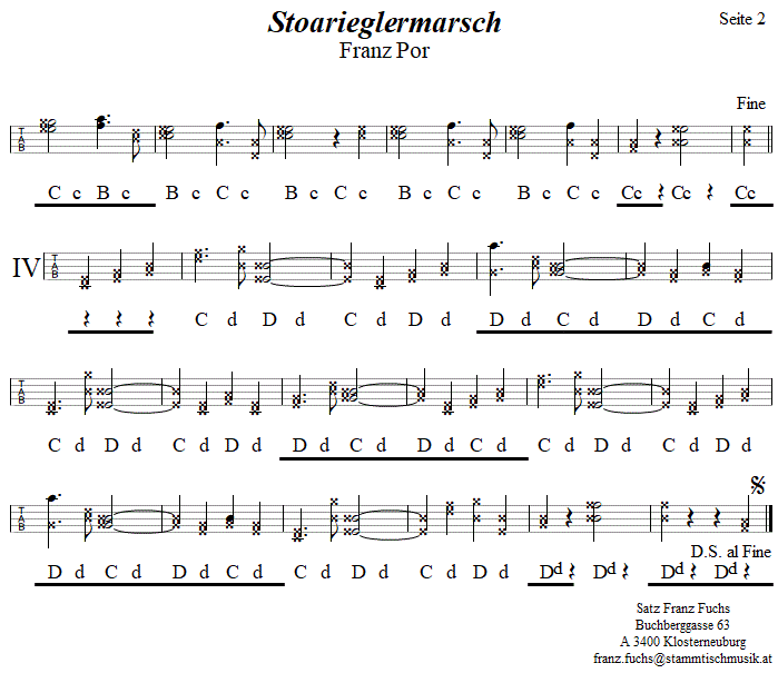 Stoanrieglermarsch von Franz Por, Seite 2 in Griffschrift für Steirische Harmonika. 
Bitte klicken, um die Melodie zu hören.