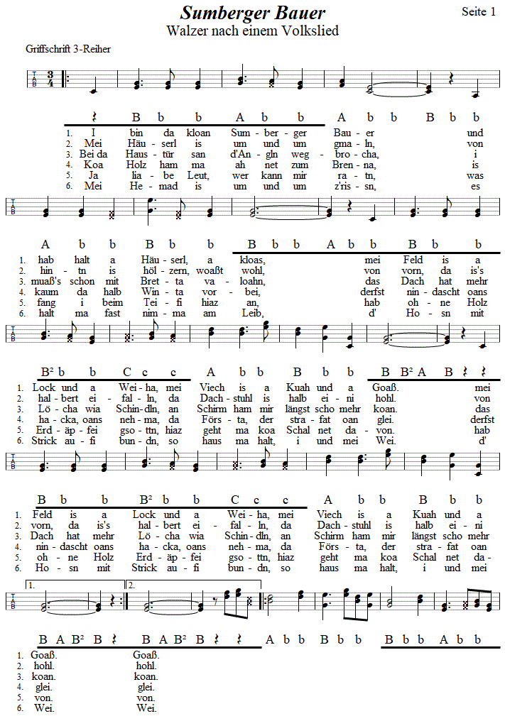 Sumberger Bauer Walzer in Griffschrift fr Steirische Harmonika, Seite 1. 
Bitte klicken, um die Melodie zu hren.