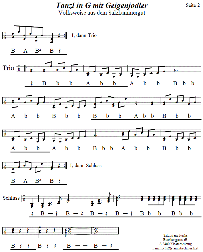 Tanzl in G, Seite 2 mit Jodler, in Griffschrift für Steirische Harmonika.
Bitte klicken, um die Melodie zu hören.