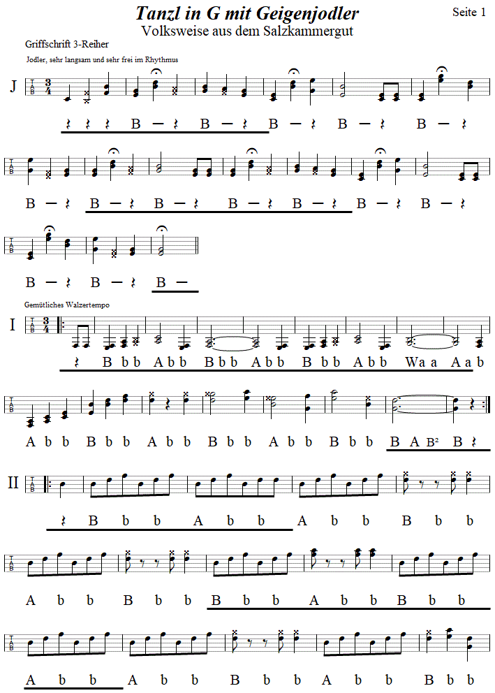 Tanzl in G mit Jodler, Seite 1, in Griffschrift für Steirische Harmonika.
Bitte klicken, um die Melodie zu hören.