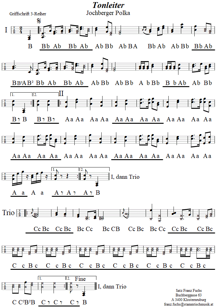 Tonleiter Polka, in Griffschrift fr Steirische Harmonika. 
Bitte klicken, um die Melodie zu hren.