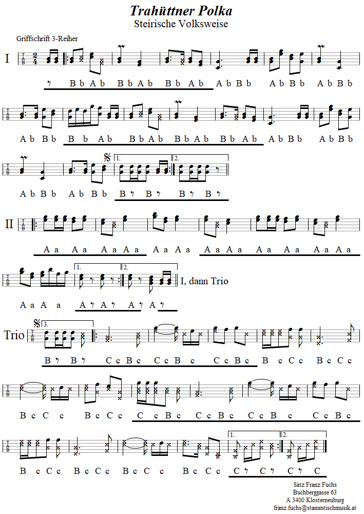 Trahttner Polka in Griffschrift fr Steirische Harmonika.  
Bitte klicken, um die Melodie zu hren.