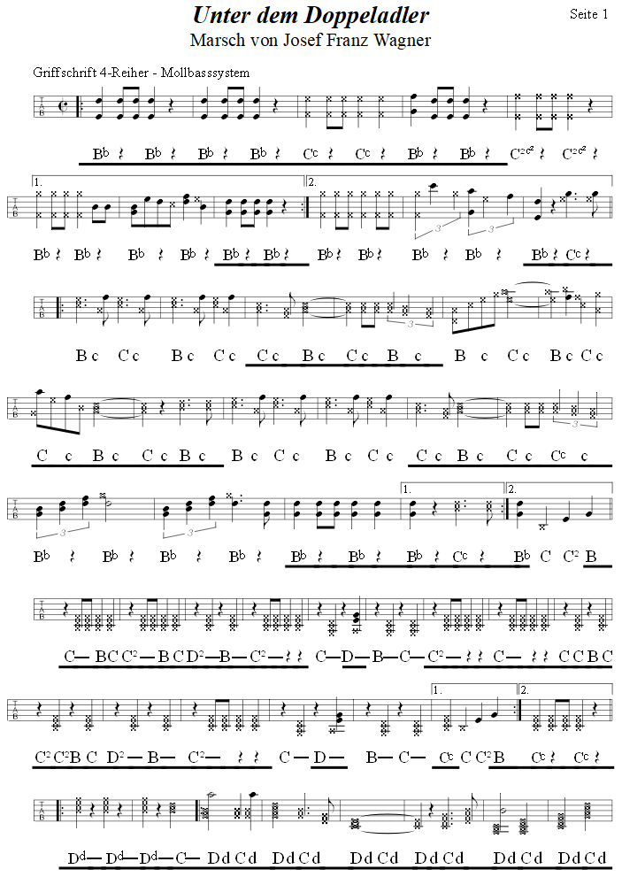 Unter dem Doppeladler, Marsch von Josef Franz Wagner in Griffschrift fr Steirische Harmonika. 
Bitte klicken, um die Melodie zu hren.