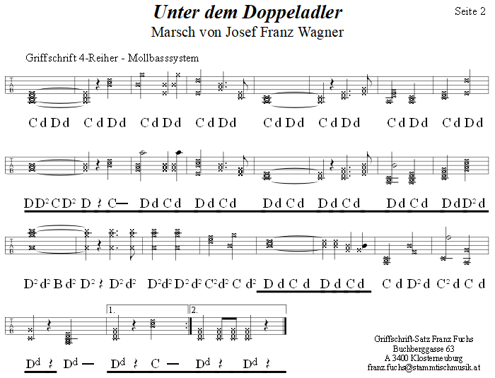 Unter dem Doppeladler, Marsch von Josef Franz Wagner 2 in Griffschrift fr Steirische Harmonika. 
Bitte klicken, um die Melodie zu hren.