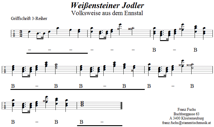 Weißensteiner Jodler in Griffschrift für Steirische Harmonika. 
Bitte klicken, um die Melodie zu hören.