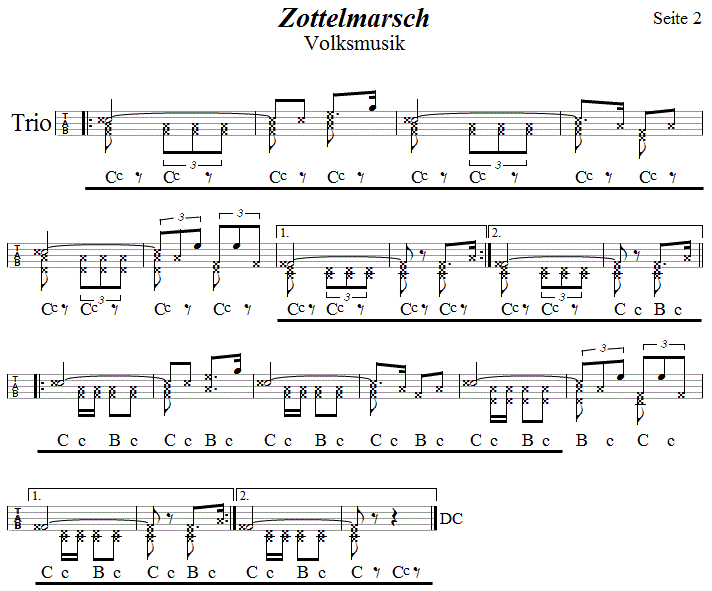 Zottelmarsch, Seite 2  in Griffschrift für Steirische Harmonika. 
Bitte klicken, um die Melodie zu hören.