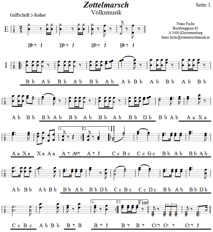 Zottelmarsch, Seite 1 in Griffschrift für Steirische Harmonika. 
Bitte klicken, um die Melodie zu hören.