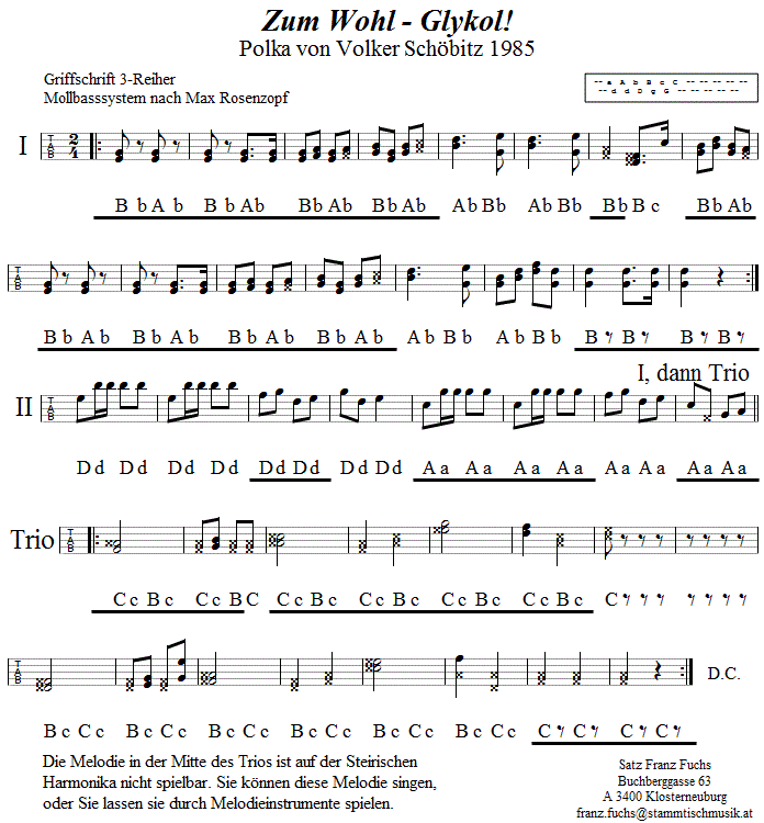 Zum Wohl Glykol, Polka von Volker Schöbitz in Griffschrift für steirische Harmonika. 
Bitte klicken, um die Melodie zu hören.