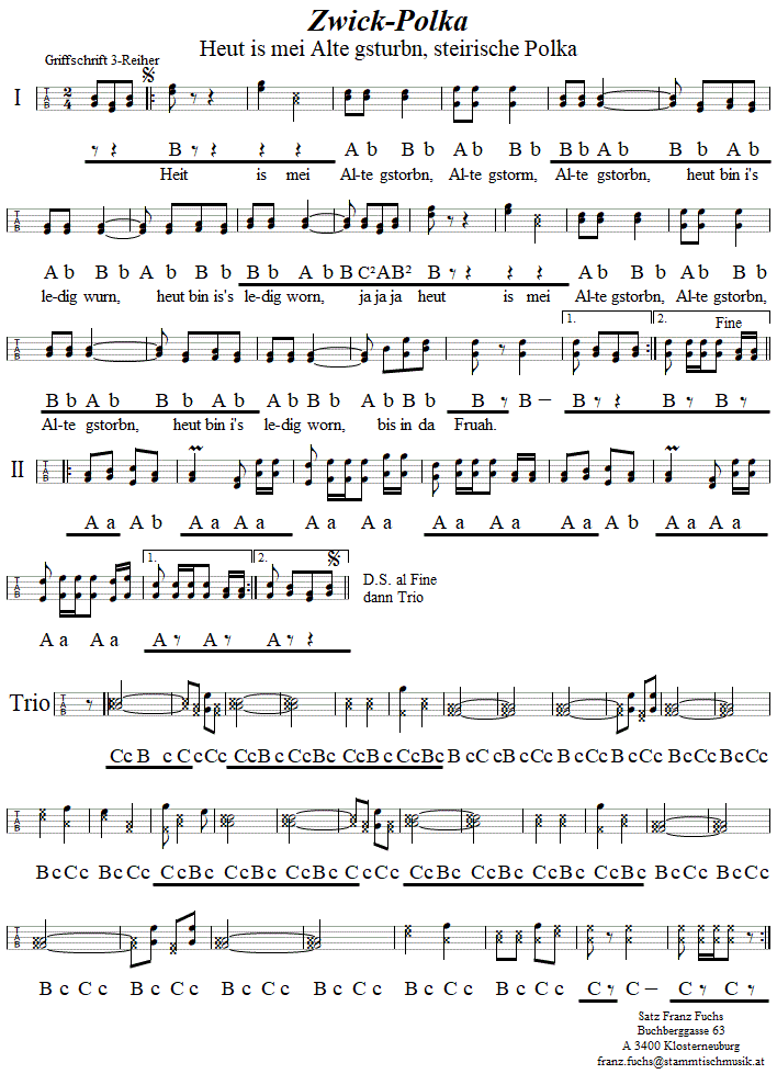 Zwickpolka in Griffschrift fr Steirische Harmonika. 
Bitte klicken, um die Melodie zu hren.