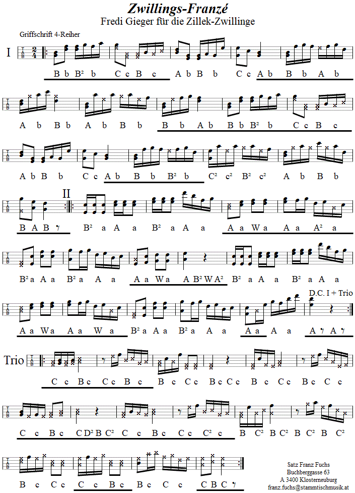 Zwillings-Franzé von Alfred Gieger in Griffschrift für Steirische Harmonika. 
Bitte klicken, um die Melodie zu hören.